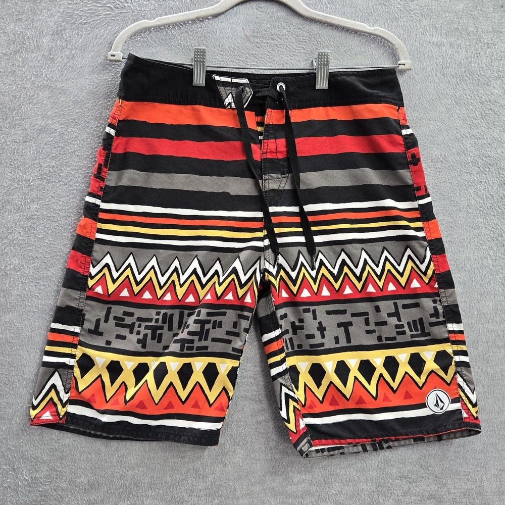 Volcom Men Swimwear 30 Red Geometric Board Shorts Logo Polyester 9 in‎ Inseam